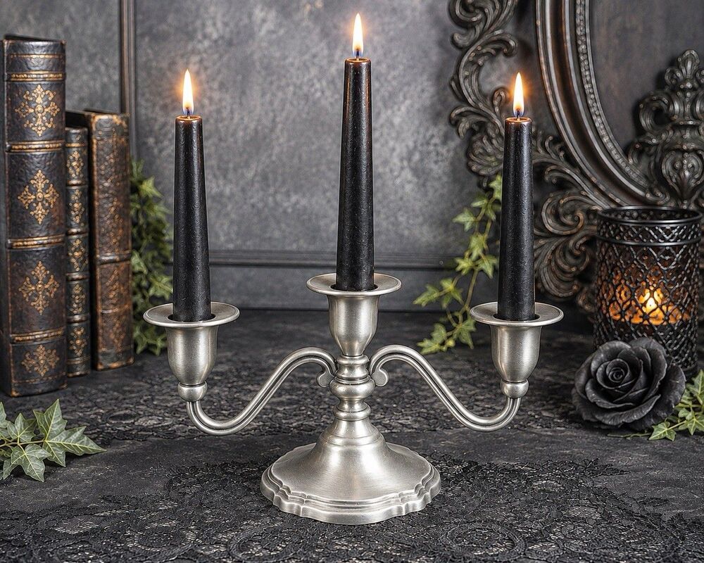 Vintage Oddity Inc Pewter 3 Arm Candelabra Candle Holder 9” Table Centerpiece